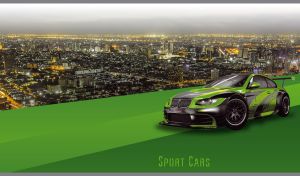 Black and green sports car against the night city panorama and a green backdrop