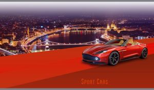 Scarlet red convertible against the night city panorama and a red backdrop