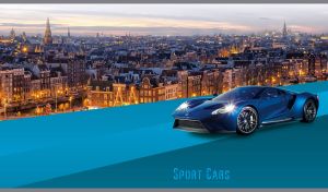 Matte blue luxury car against the night city panorama and a teal blue backdrop