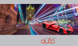 Red concept supercar drives across the night Tower Bridge in the city lights