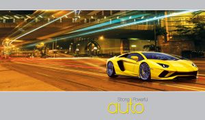 Yellow luxury sports car drives through the night streets in the city lights