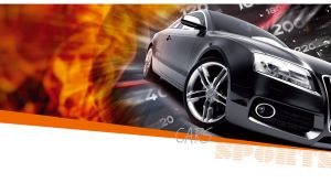 Three-quarter view of a black coupe set against a white backdrop and fire flames