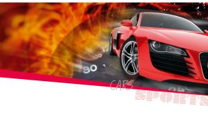 Three-quarter view of a red sports car set against a white backdrop and fire flames