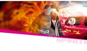 Three-quarter view of a red-pink sports car set against a white backdrop and fire flames