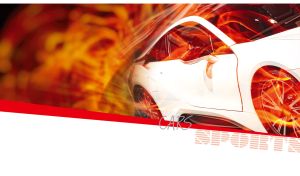 Three-quarter view of a white coupe set against a white backdrop and fire flames