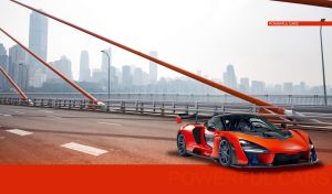 Red mid-engine sports car on the bridge against urban white landscape