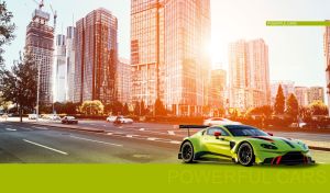 Lime green GTE racing car drives down the highway in the sepia sunlight
