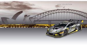 Matte grey racing supercar at the Sydney Harbour Bridge in sepia tones