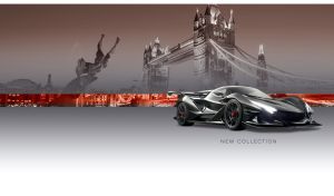 Carbon black Apollo sports car at Tower Bridge in sepia tones