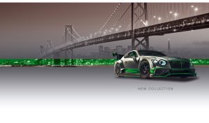 Matte black luxurious sports GT coupe at the Bay Bridge in sepia tones