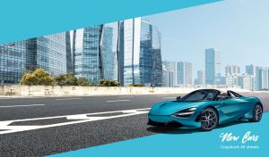 A light blue sports convertible on a freeway on a light blue background