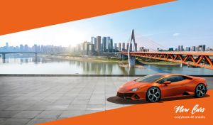 An orange luxury sports cat in front of a waterfront on an orange background