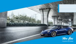 A navy blue luxury cabriolet under a modern viaduct bridge on a blue background