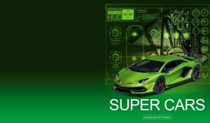Lime mid-engine sports car against a high-tech user interface on green gradient