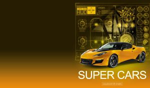 Yellow sports coupe against a high-tech user interface on yellow-ocher gradient