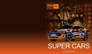 Orange-black electric SUV against a high-tech user interface on orange gradient