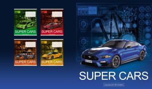 Indigo blue roadster coupe against a high-tech user interface on blue gradient