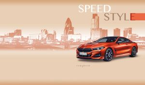Burnt orange luxury coupe on a beige backdrop with an urban skyline design