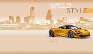 Golden yellow luxury sports car on a beige backdrop with an urban skyline design