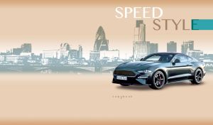 Dark teal sports car on a beige backdrop with an urban skyline design