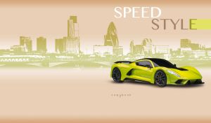 Lime green sports supercar on a beige backdrop with an urban skyline design