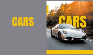 Silver sports car in motion on the road at sunset on grey and yellow