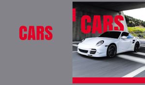 Luxury white sports coupe speeding under a bridge on grey and red