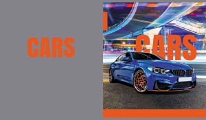 Indigo sports car in front of vibrant city night lights on grey and orange