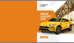 Yellow luxury SUV car advertisement on orange and white
