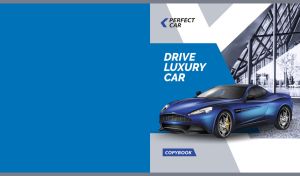 Matte blue luxury concept car advertisement on blue and white