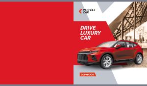 Matte scarlet luxury SUV car advertisement on red and white