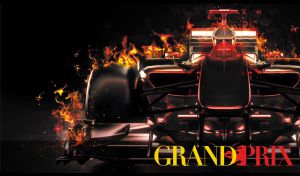 Flaming Formula 1 race car speeds across a black backdrop