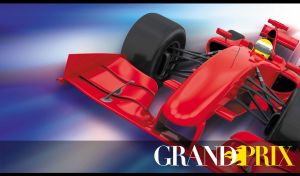 Dynamic Formula 1 race car speeds across an abstract purple-blue track