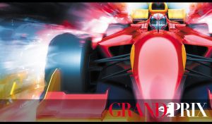 Dynamic Formula 1 race car speeding on an abstract multicolor track