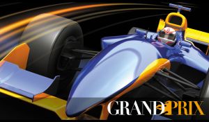 Dynamic Formula 1 race car speeding on an abstract black and orange track