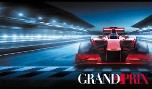 Dynamic Formula 1 race car on a black and blue track cross the finish line