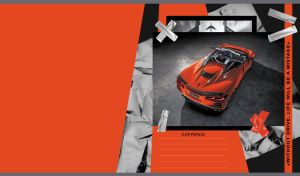 Bright orange sports car image on foil layout against a fire orange backdrop