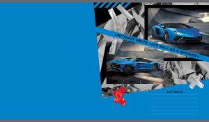 Neon blue sports car images on foil layout against an azure blue backdrop