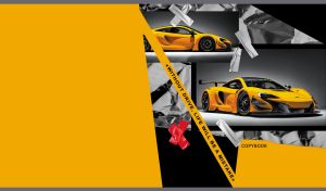 Yellow sports car images on foil layout against a dark yellow backdrop