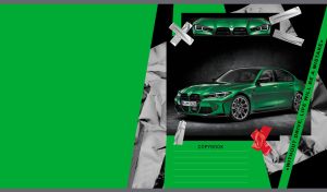 Emerald luxury sedan images on foil layout against a green backdrop