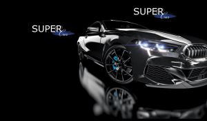 Sleek glossy black sports car displayed in a dramatic light on black