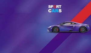 Sleek sports car on a violet-blue backdrop with a diagonal stripe