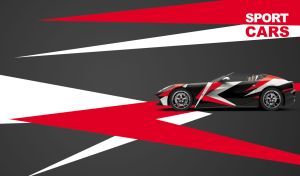Sports car adorned with a geometric graphic vinyl wrap on black, red, and white
