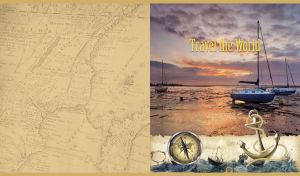 Seascape with sailboats at low tide on tan parchment with an anchor and compass