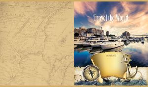 Seascape with yachts at the marina on tan parchment with an anchor and compass