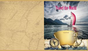 Seascape with yachts on grey sky background adorned with anchor and compass