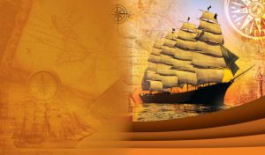 Big five-masted barque sailing on water with a compass in the background