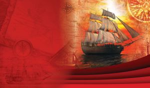 Wooden brig sailing on water with a compass in the background