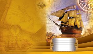 Wooden brig sailing on water with a compass in the background