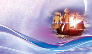 Frigate ship sails in violet shades